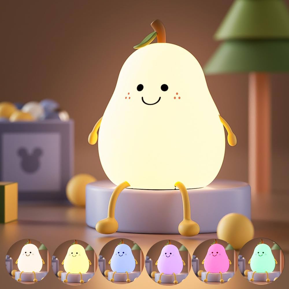 LED Pear Night Light for Kids Room – Soft Silicone Rechargeable Lamp