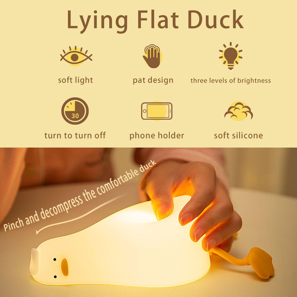 Lying Flat Duck Cute Night Light – Touch Control, Type-C Rechargeable Duck Lamp