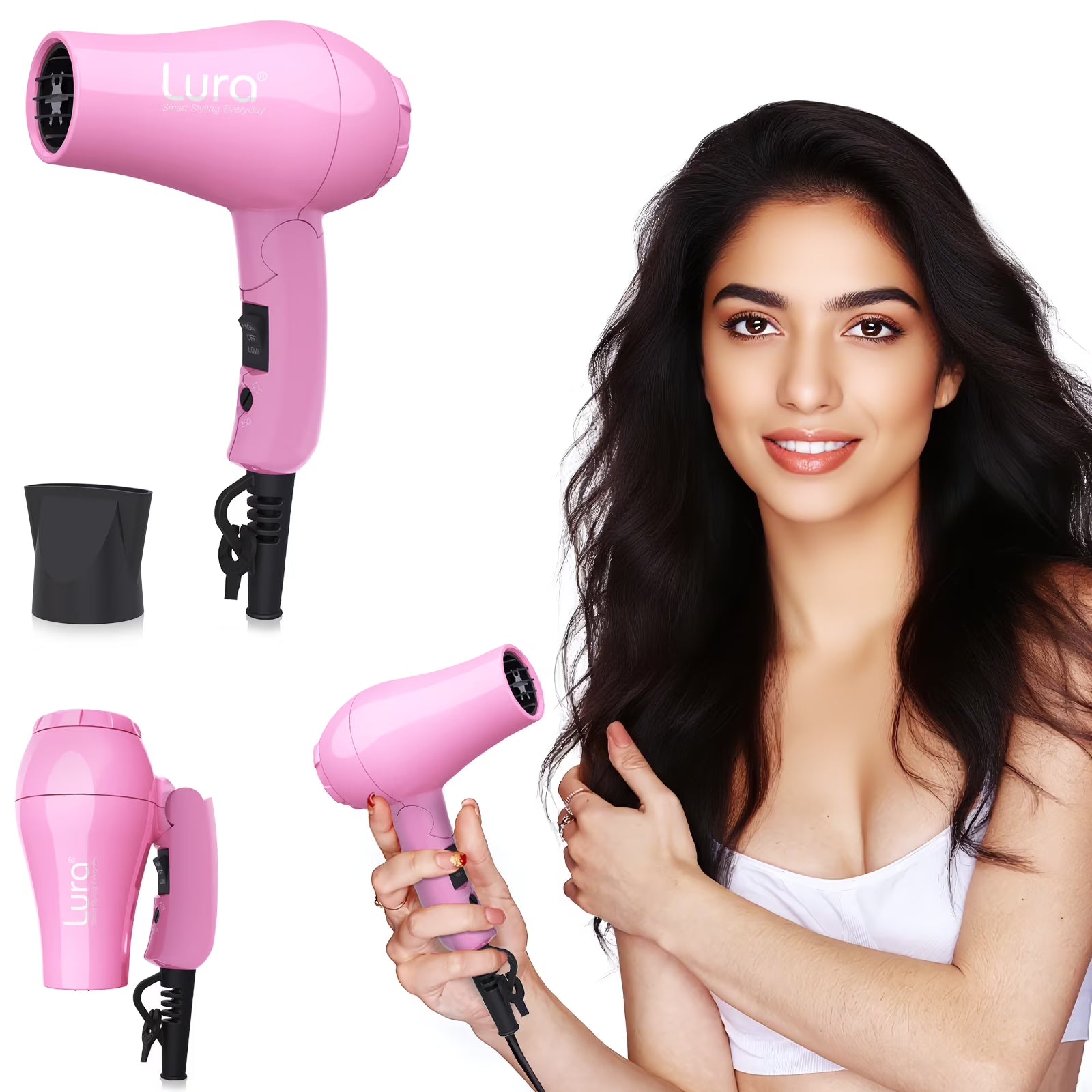 Aloof RD-2033 Foldable Hair Dryer – 1000W Power, Dual Speed/Heat Settings, Detachable Nozzle, Travel-Friendly Design (Pink)